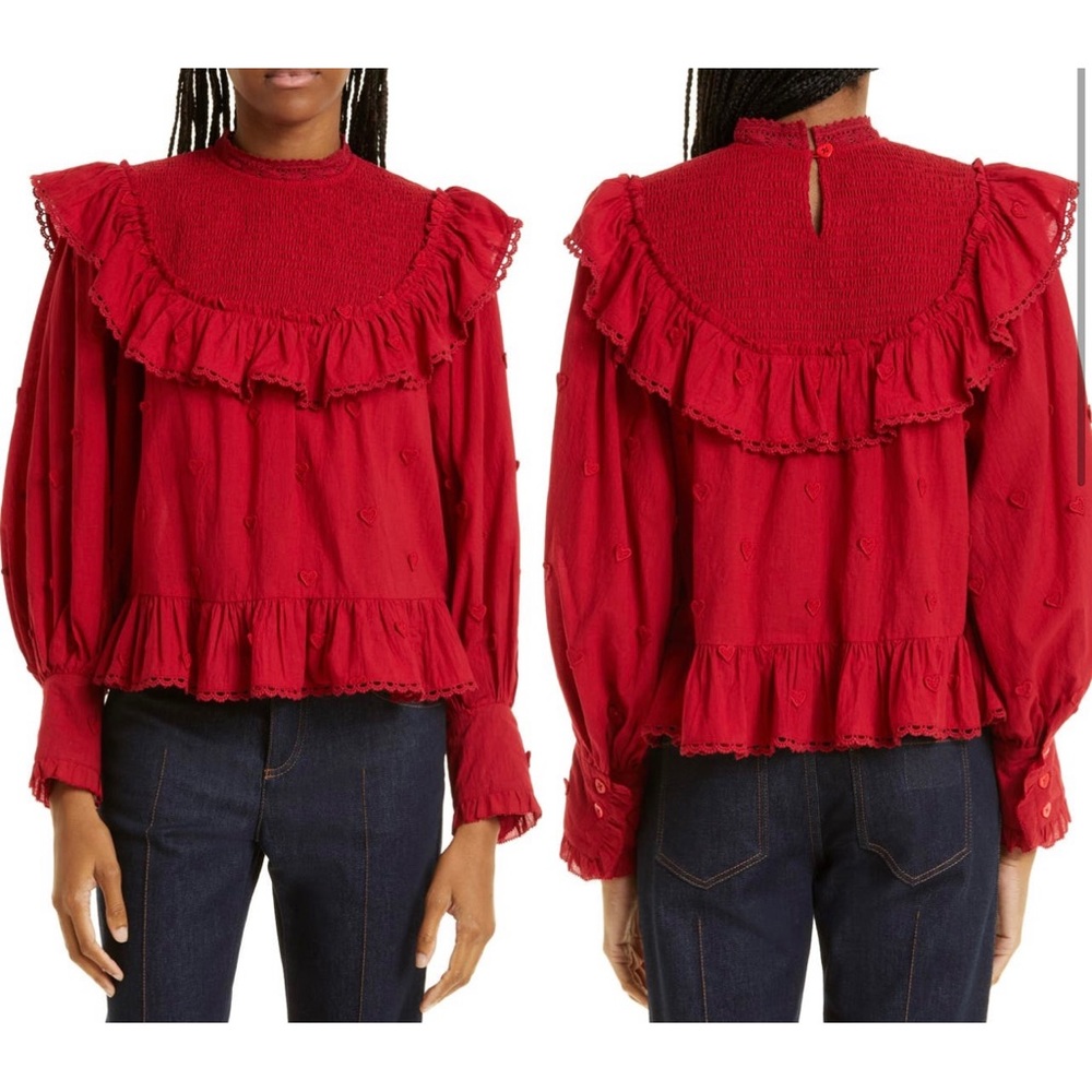 +NEW FARM RIO Heart Appliqué Cotton Blouse In Red Size M